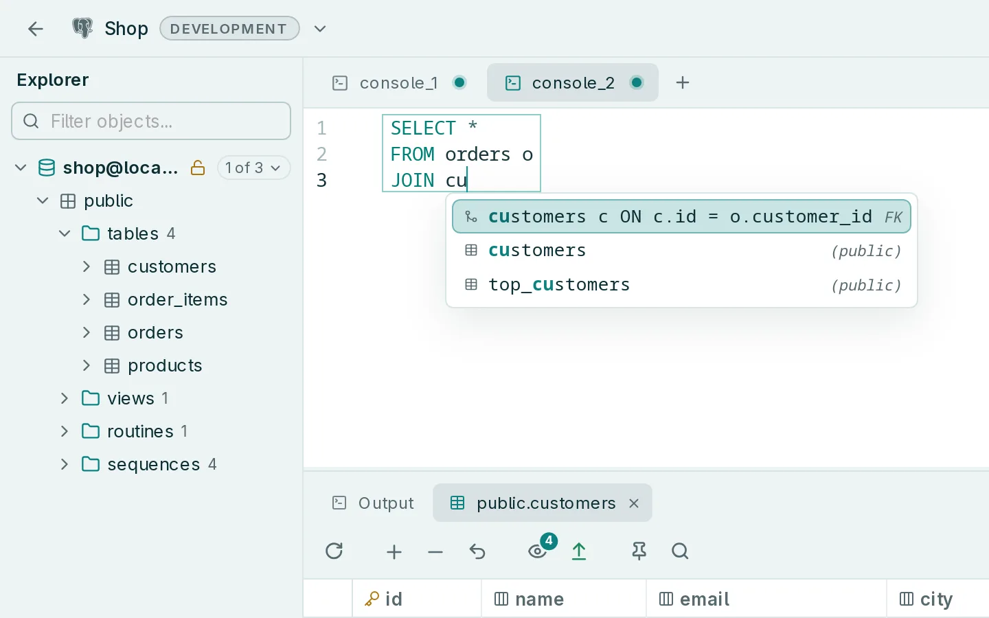 Autocomplete suggesting a JOIN on customers with its ON condition