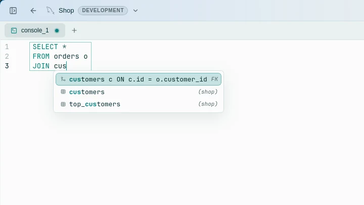 Autocomplete suggesting a JOIN on customers with its ON condition