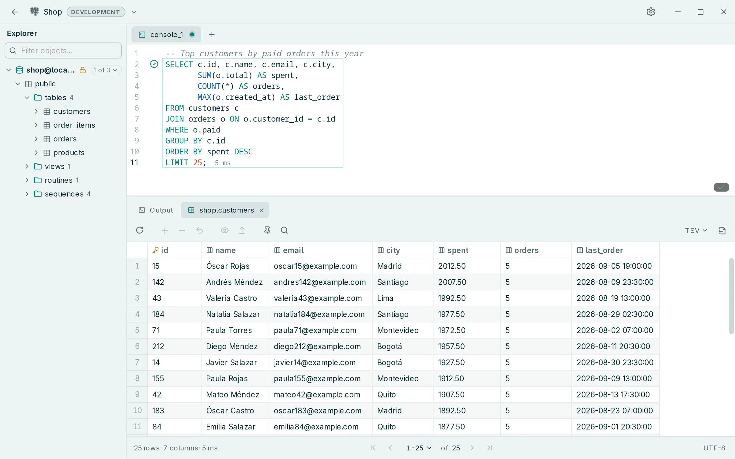 Rowly DB with a query in the editor, the schema explorer and the result grid