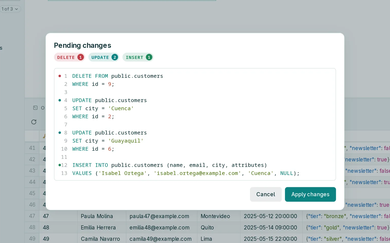 Pending changes shown as DELETE, UPDATE and INSERT statements before they are applied